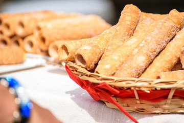 Homemade Spanish Pastries Filled with Custard Cream. Concept: The art of home baking.