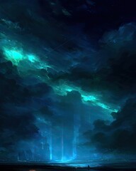 Obraz premium Mystical Cityscape Under Glowing Night Sky