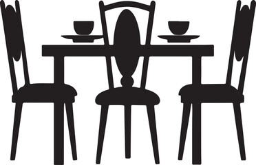 dining table and chairs silhouette, black and white silhouette, vector and illustration