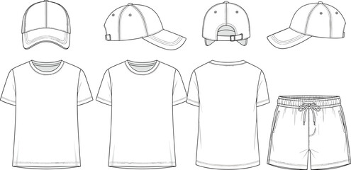 kids t shirt shorts cap technical flat sketch front back side view casual wear cad drawing flat vector illustration