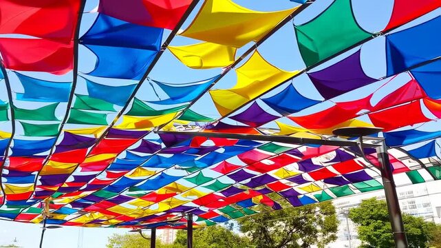 Colorful canopy of vibrant flags against a bright blue sky.