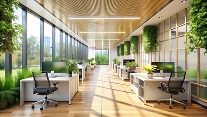 An openplan modern office with desks, chairs, and hanging plants, offering city views