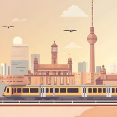 Illustration of Train on the railway station with city skyline in the background.