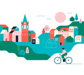 Colorful countryside scene with houses, trees and people biking 