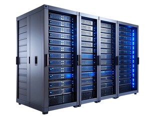 Futuristic Data Server Rack with Blue LED Lighting and Cooling Vents, isolated on Transparent Background PNG