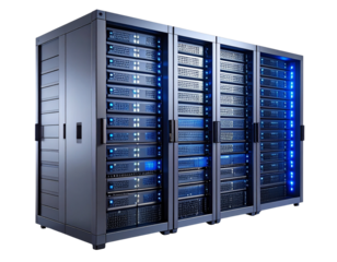  Futuristic Data Server Rack with Blue LED Lighting and Cooling Vents, isolated on Transparent Background PNG