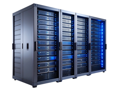  Futuristic Data Server Rack with Blue LED Lighting and Cooling Vents, isolated on Transparent Background PNG - Powered by Adobe