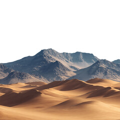 Naklejka premium A vast desert landscape, isolated on transparent background, features rolling sand dunes and distant mountains under a clear sky