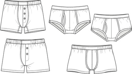 Men’s underwear CAD drawing, flat vector illustration, boxer briefs, briefs, boxers, fashion garment technical sketch, apparel design template