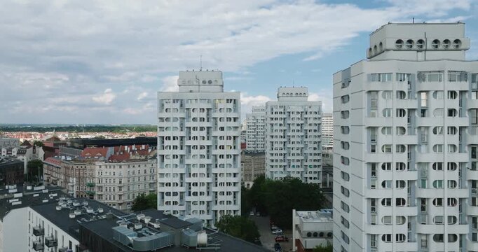 Drone orbit of Manhattan estate buildings in Wroclaw, Poland.