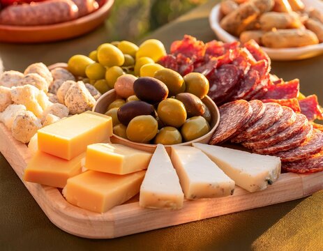 Sharing wooden platter with cheese, cured meats and olives during sunset aperitif