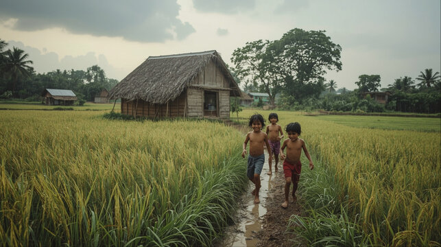 Rural children walking in lush green paddy field near traditional village house - Powered by Adobe