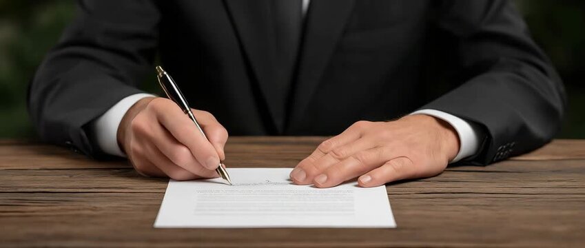Signing Agreement: A person in a suit is seen meticulously penning their signature on a white document, on a wooden desk. symbolizing commitment, agreement, and contracts.