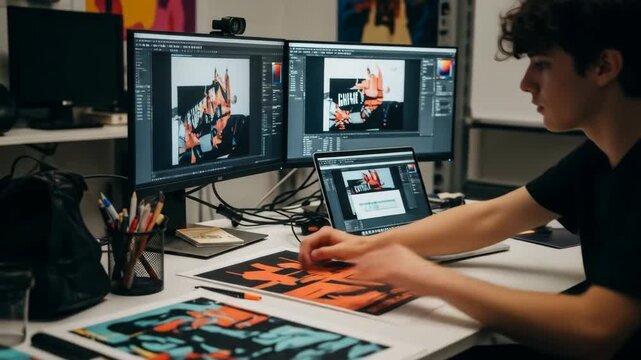 Young Male Graphic Designer Working at a Modern Desk with Multiple Monitors