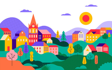 Fototapeta premium Colorful Countryside Landscape. Scenic Village with Hills, Trees, and Traditional Houses.