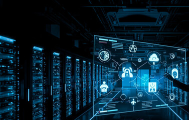 Futuristic digital data center with cybersecurity interface