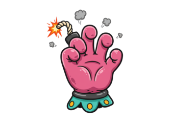 Cartoonish pink hand holding a bomb with a lit fuse, surrounded by smoke