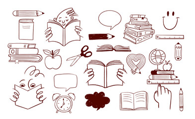 Back to school black and white hand-drawn illustrations collection. Books and school supplies cartoon doodles set.