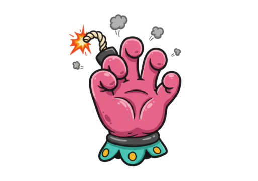 Cartoonish pink hand holding a bomb with a lit fuse, surrounded by smoke
