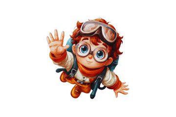 Fototapeta premium Cartoon Boy With Goggles Backpack And Waving Hand Against A Transparent Background Ready To Isolate Transparent Background