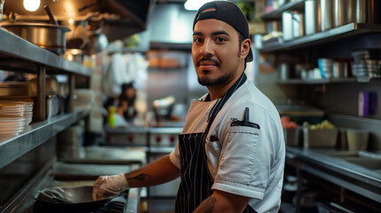 Fototapeta premium Young Male Chef in Professional Kitchen Smiling at Camera, Candid Portrait of Chef Holding Pan in Commercial Kitchen