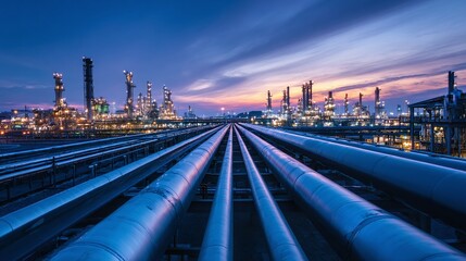 Industrial Pipeline at Twilight: A network of pipes leads to an illuminated industrial facility under a colorful twilight sky.