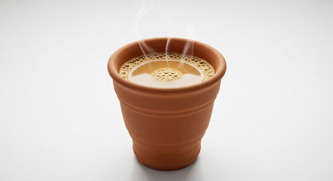 温かい土器のカップ 熱いコーヒー 柔らかな光 (Atatakai doki no kappu atsui koohii yawarakana hikari) Warm clay cup hot coffee soft light. AI Generated