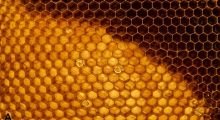 黄金色の蜂の巣 精密な六角形 輝く蜜の光沢. AI Generated
