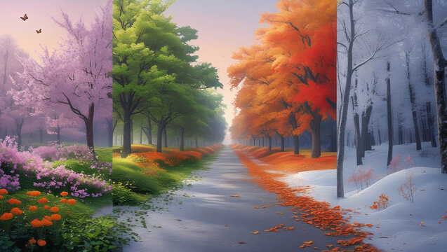 Time-Lapse Forest Path with Spring, Summer, Autumn, and Winter