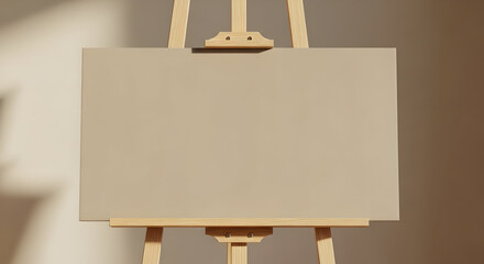Blank white rectangular canvas on wooden easel in art studio or gallery setting ready for painting or display with neutral background and soft lighting for creative projects