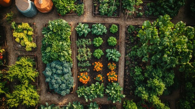Aerial view of a vibrant vegetable garden layout (1)