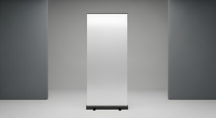Modern white portable refrigerator standing on black wheels in minimalistic gray room with smooth walls and reflective floor for commercial use or product display purposes