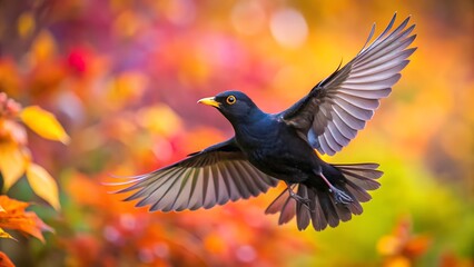 Fototapeta premium Blackbird Flying with Spread Wings and Colorful Blurred Background