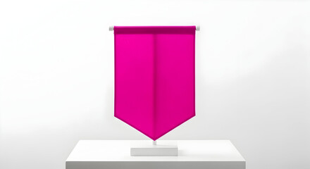 Elegant pink fabric banner display on white pedestal for event decoration or promotional purposes with clean background and modern design