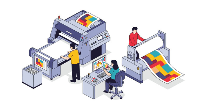 Professional printing production process with people operating modern machinery