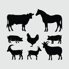 Collection of farm animal silhouettes black on grey background