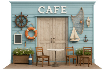 Nautical-styled cafe facade, crisp transparent backdrop, perfect for graphic design layouts
