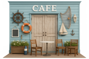 Nautical-styled cafe facade, crisp transparent backdrop, perfect for graphic design layouts