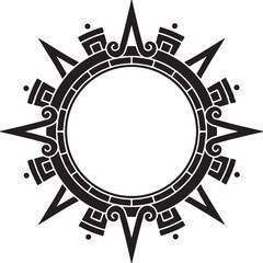 Ornate Sun Symbol with Aztec-Inspired Details, Black & White Graphic Element