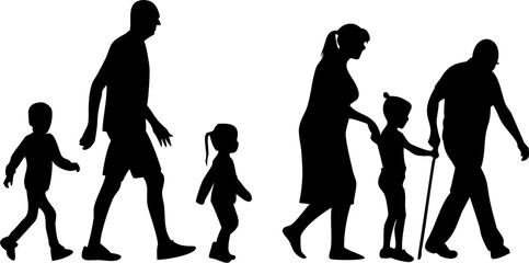 Silhouette illustration of a multi generational family walking together in a line on white background