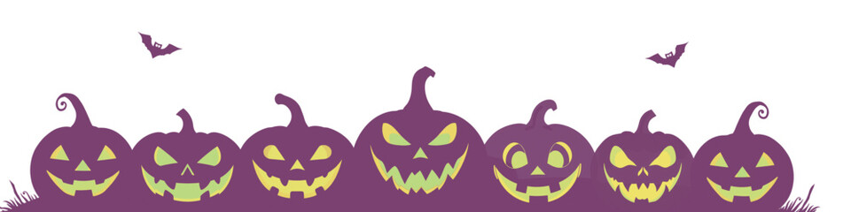 creepy purple halloween pumpkins with green glowing faces on transparent background. vector