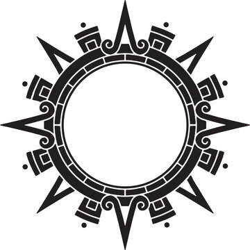 Ornate Sun Symbol with Aztec-Inspired Details, Black & White Graphic Element