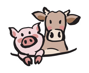 귀여운 돼지 소 캐릭터 손그림