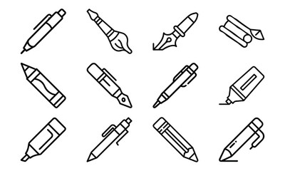 Line Art Icons of Writing and Drawing Tools Including Pens, Pencils, Markers, Paint Brushes, Fountain Pens, and Erasers for Stationery and Creative Design