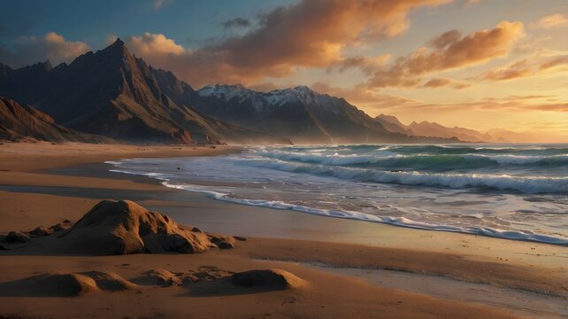 Serene coastal sunset: dramatic mountain range, ocean waves, sandy beach. - Powered by Adobe