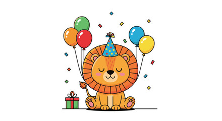 Obraz premium Adorable cartoon lion cub wearing party hat enjoying birthday celebration surrounded by balloons and gifts