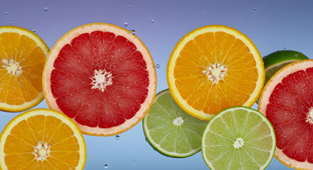 Set of cross a citrus fruits under water. Abstract background. Close-up. 
