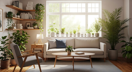 Bright and Airy Living Room with Natural Light Featuring a Comfortable Sofa Wooden Coffee Table and an Abundance