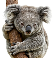 Obraz premium a sleepy koala bear, Phascolarctos cinereus, hugging a tree branch
