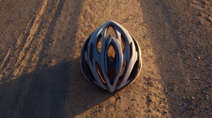 Bicycle helmet lying on a dusty dirt road at sunset